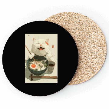 Discover Happy White Cat Eating Ramen Coasters