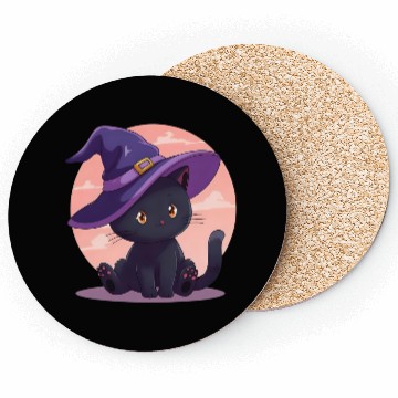 Discover Whimsical Halloween Cat with Witch Hat Coasters