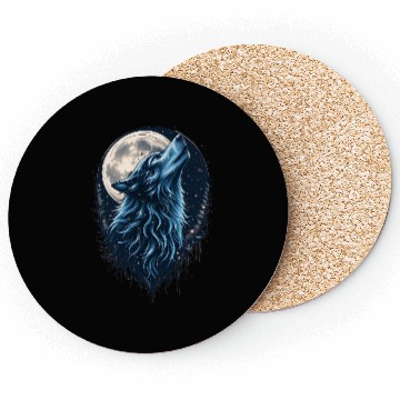 Discover Moonlit Howl Blue Wolf Illustration Coasters