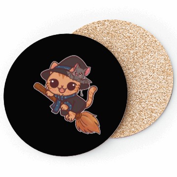 Discover Enchanted Cat Witch with Bat Familiar Coasters