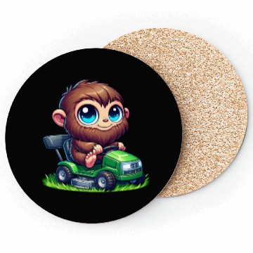 Discover Cute Bigfoot Sasquatch lawn mower gardening chibi Coasters