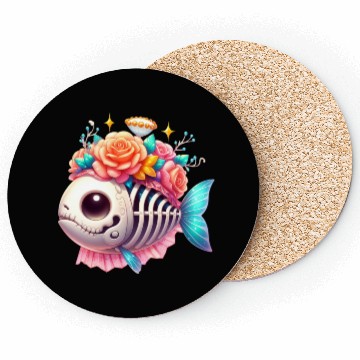 Discover Whimsical Skull Fish with Floral Crown Coasters