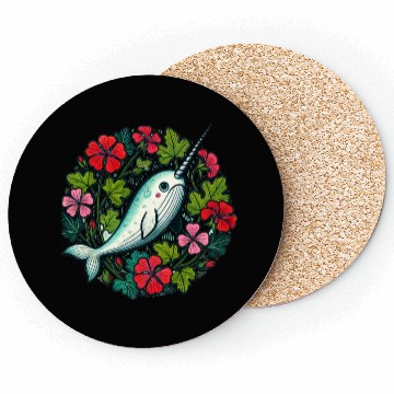 Discover Whimsical Narwhal Amid Floral Bloom Coasters