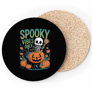 Discover Spooky Vibes Halloween Cat and Skeleton Coasters