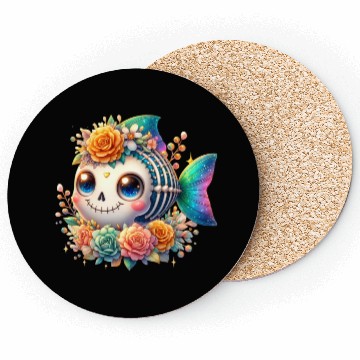 Discover Whimsical Skeleton Fish with Floral Crown Coasters