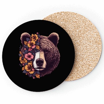 Discover Floral Bear Flowers Bear Face For Bear  Lover Coasters