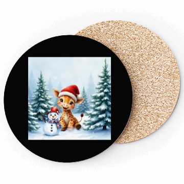 Discover Festive Giraffe with Snowman Santa Hat Coasters