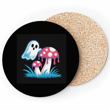 Discover Whimsical Ghost and Mushrooms Illustration Coasters