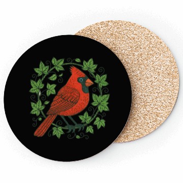 Discover Vibrant Cardinal Amidst Ivy Leaves Coasters