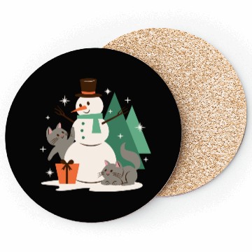 Discover Festive Snowman with Cats and Pine Trees Coasters