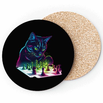 Discover Neon Black Cat Chess Art Coasters