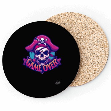 Discover Pirate Skull with Eye Patch and Game Over Banner Coasters