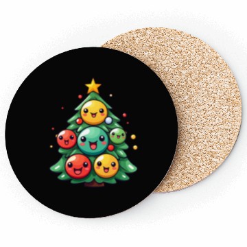 Discover Kawaii Christmas Tree with Chibi Ornaments Coasters