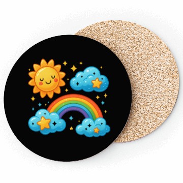 Discover Whimsical Sun and Rainbow Cloud Design Coasters