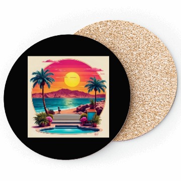 Discover Sunset Beach Oasis Illustration Coasters
