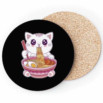 Discover Cute Kawaii Cat Eating Ramen  Coasters