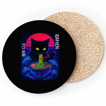 Discover Neon Black Cat Ramen Art Coasters