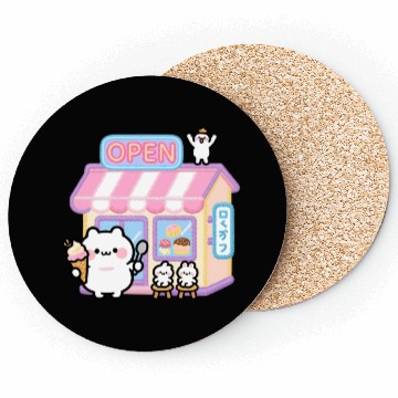 Discover Kawaii Cat Ice Cream Shop Illustration Coasters
