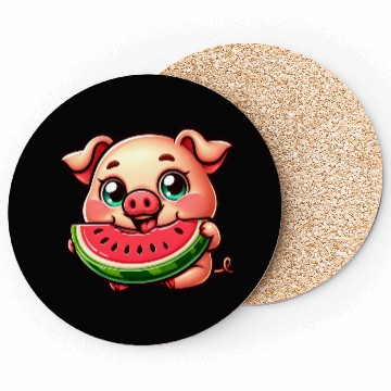 Discover Cute pig with watermelon summer vacation farmer Coasters
