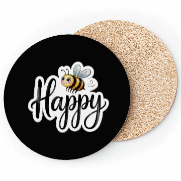 Discover Whimsical Bee and Happy Text Artwork Coasters
