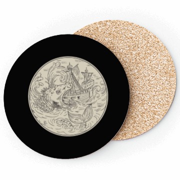 Discover Ancient Sea Monster Attacking Sailing Ship Circle Coasters