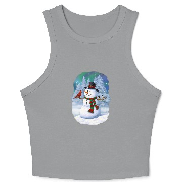 Discover Christmas Snowman Cardinal Bird Chickadees Winter Snow Scene Crop Tank Top