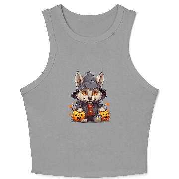 Discover Cute Little Halloween Wolf With Pumpkin Lanterns Crop Tank Top