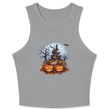 Discover Spooky Haunted House Halloween Pumpkin Bat Crop Tank Top