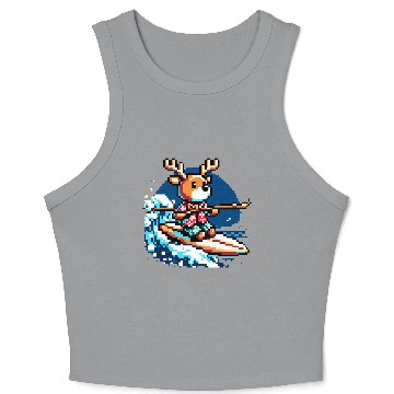 Discover Surfing Reindeer: 8-Bit Holiday Wave Crop Tank Top