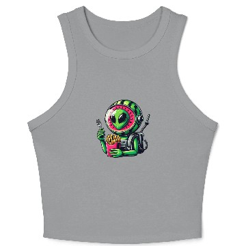 Discover Alien with watermelon helmet eats fries Crop Tank Top