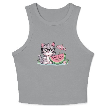 Discover cute kitten an watermelon slice vector illustratio Crop Tank Top