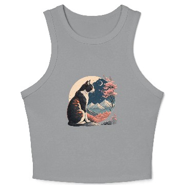 Discover Nighttime Serenity: Cat, Cherry Blossoms, Mountain Crop Tank Top