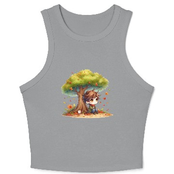 Discover Autumn Serenity Chibi under a Maple Tree Crop Tank Top