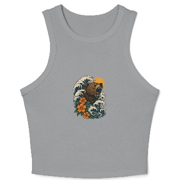 Discover Bear Surfer Wave with Hibiscus Flowers Crop Tank Top