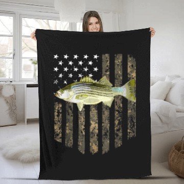 Discover American Flag Striped Bass Fishing Fleece Blankets