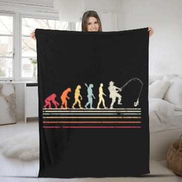 Discover Retro Fishing Fleece Blankets, Evolution Of Man, Fisherman Fleece Blankets