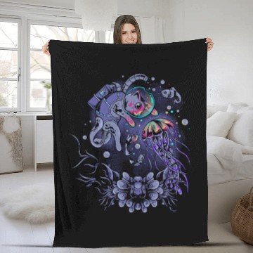 Discover black cats Paws space cat kitten playing with colorful jellyfish Fleece Blankets
