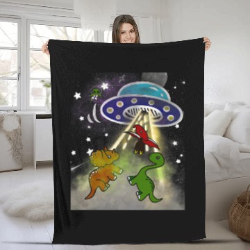 Discover Dinosaur Dino TRex Stegosaurus Abducted by Alien Spaceship Fleece Blankets