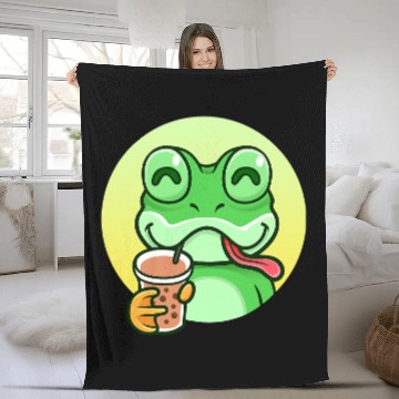 Discover Frog Gift Cute Kawaii Toad Drinking Bubble Tea a Frog Boba Tea Fleece Blankets