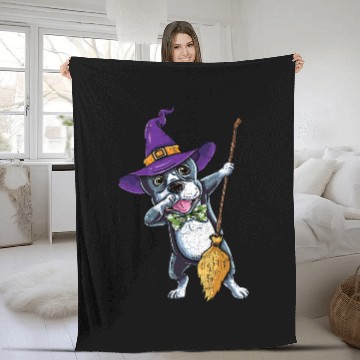 Discover Dog Boston Terrier Dabbings Witch Boston Terrier Vintage Fleece Blankets