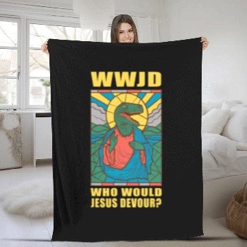 Discover Dinosaur Dino Christian WWJD Who Would Jesus Devour a Jesus Trex Fleece Blankets
