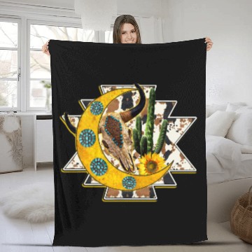 Discover Western Boho Bull Skull Cactus Cowhide Aztec Turqoise Moon Fleece Blankets