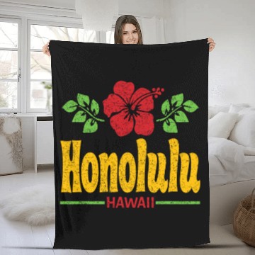 Discover Honolulu Hawaii Flowers Distressed Color Print Fleece Blankets
