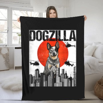 Discover Vintage Japanese Dogzilla Australian Cattle Dog Fleece Blankets