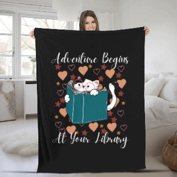 Discover Adventure Begins at Your Library Cat Lovers Summer Camp Kids Baseball Tees Fleece Blankets