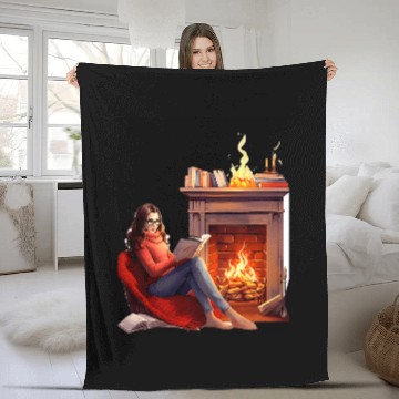 Discover Book Reading In Fireplace Reader Bookworm Girls Women Fleece Blankets