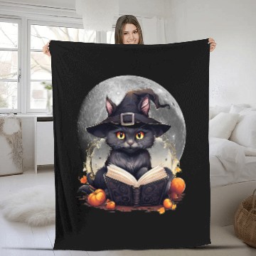 Discover full moon black cats Witch Reading Book Spooky Halloween 1 Fleece Blankets