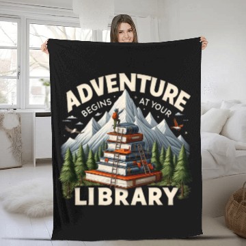 Discover Adventure Begins At Your Library Book Lover Camping Nature Fleece Blankets