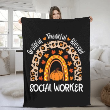 Discover Grateful Thankful Social Worker Leopard Rainbow Thanksgiving Fleece Blankets
