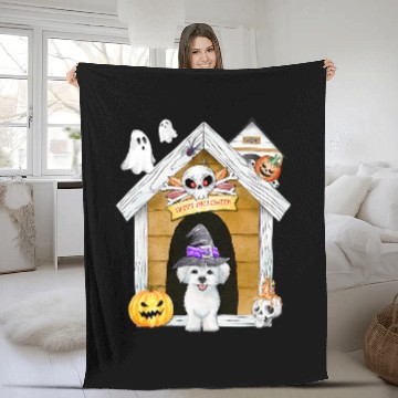 Discover Dog Maltese Halloween Maltese Dog Witch Haunted House Fleece Blankets